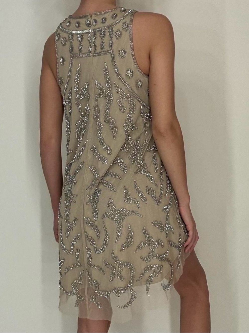 Embellished Taupe Sleeveless Shift Dress - Picture 3 of 13